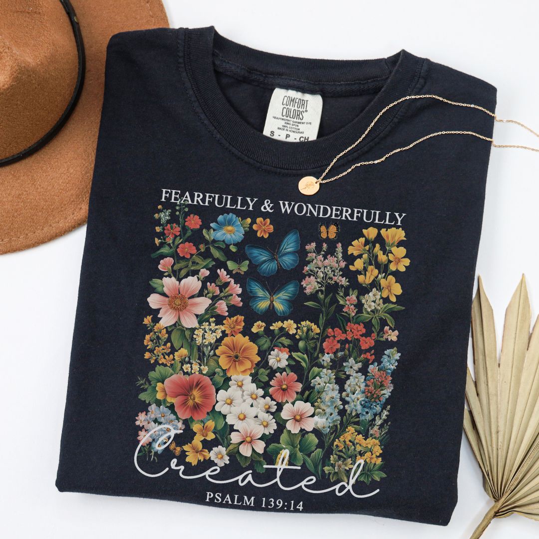 Fearfully and Wonderfully Created Psalm 139:14 Comfort Colors Tee Black