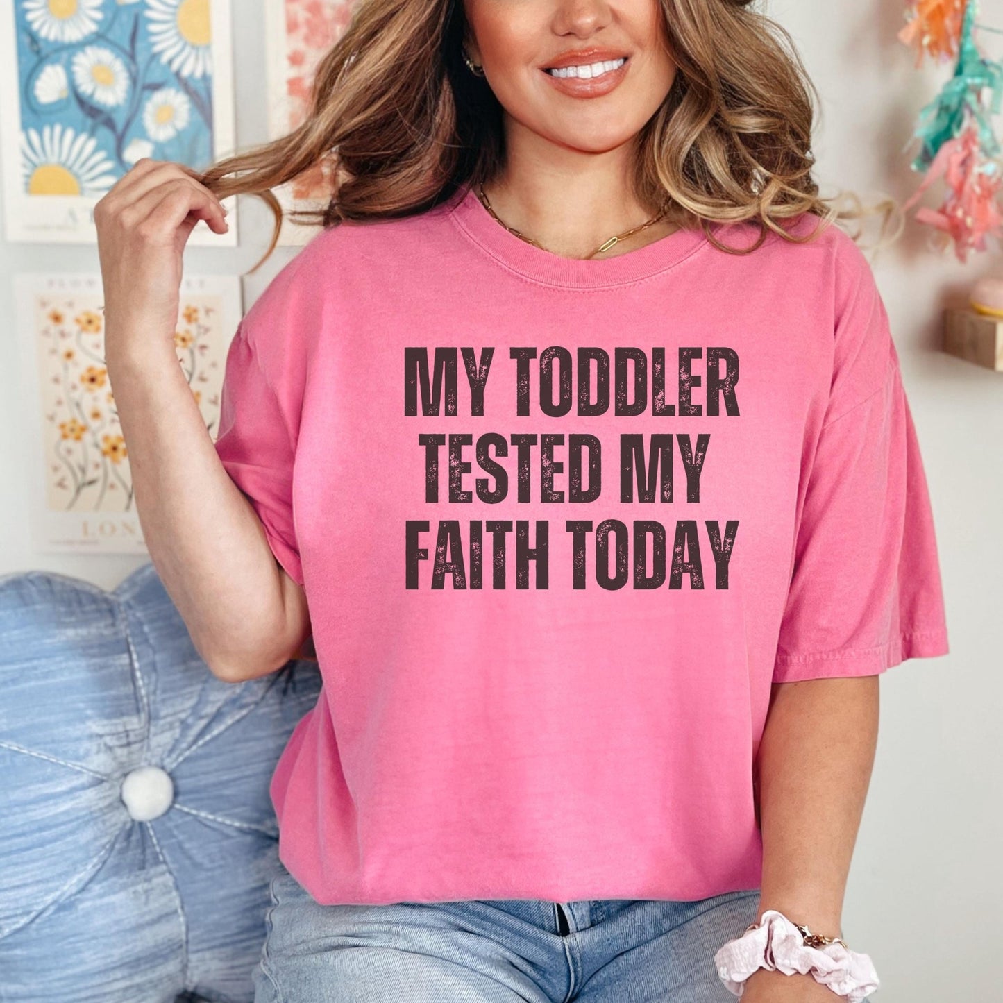 A relatable mom humor shirt designed for mothers who need a little faith and laughter in their day featuring bold typography and a comfortable fit ideal for casual wear and thoughtful gifting
