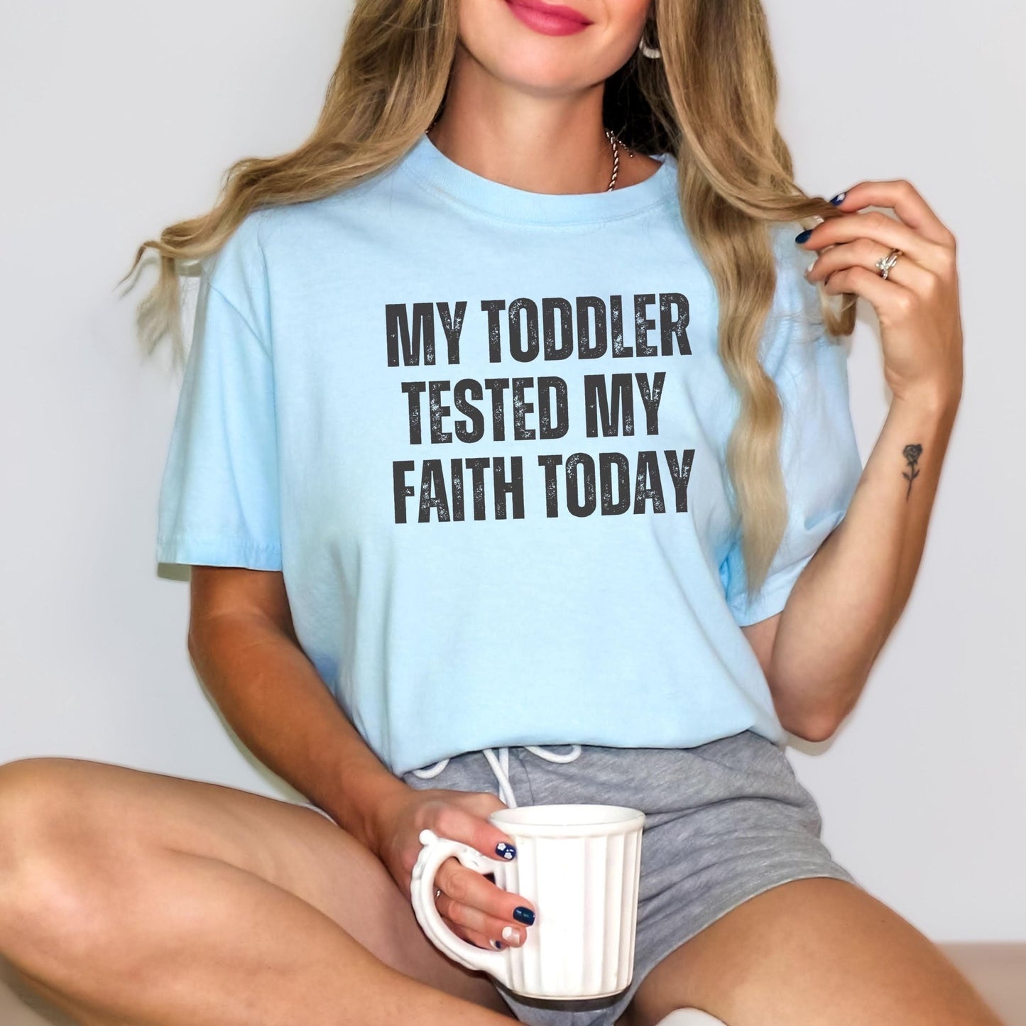 Trendy Christian mom graphic tee with a humorous message perfect for moms of toddlers a great Mother’s Day gift idea for women who embrace faith love and a little bit of parenting chaos