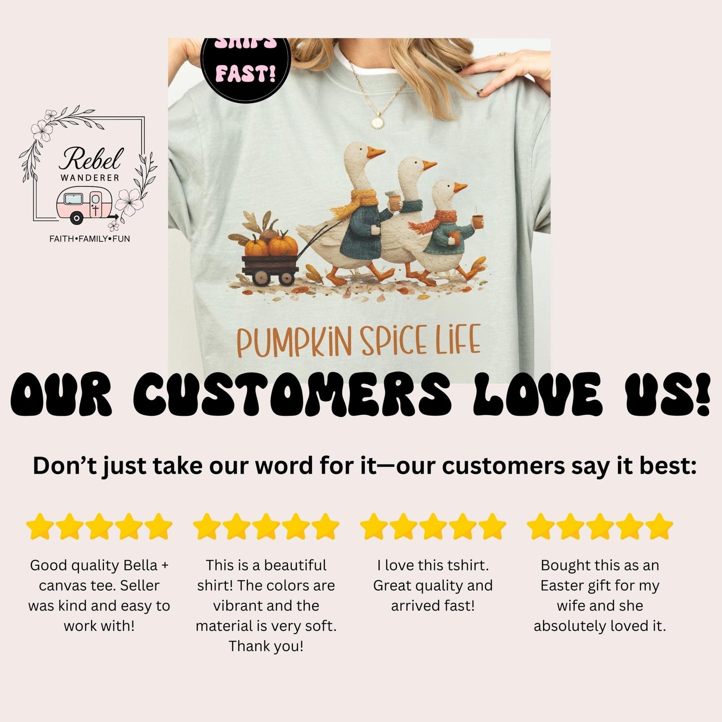 The image is a collage of four customer reviews for a Pumpkin Spice Life t-shirt. The reviews express their appreciation for the shirt, highlighting its quality, vibrant colors, and ease of wear. The reviews also mention that the shirt is a great gift for an Easter present and that the material is very soft.