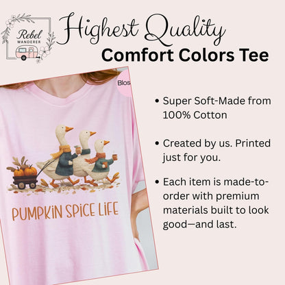 The image is a promotional poster for a t-shirt featuring a pumpkin spice life design. The poster highlights the t-shirt&#39;s quality, comfort, and durability, as well as its unique design and premium materials.