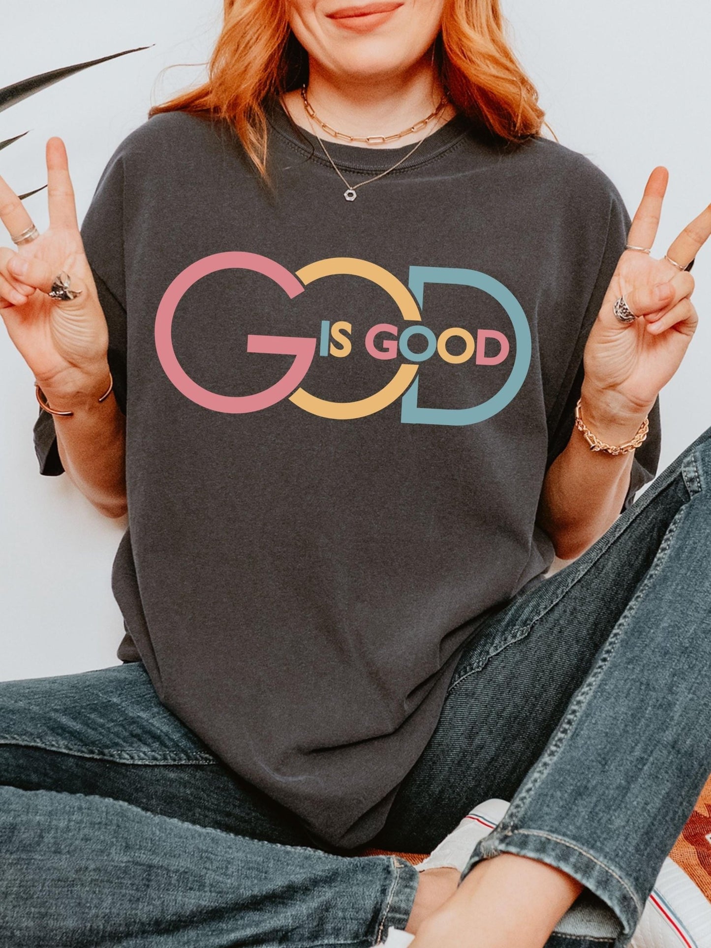 God Is Good Comfort Colors shirt with bold colorful faith design perfect for Christian women or men seeking stylish religious apparel or gift for Mother’s Day or Father’s Day
