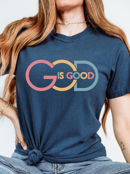 Christian apparel featuring God Is Good slogan on Comfort Colors unisex tee suitable for Mother’s Day Father’s Day or church gatherings