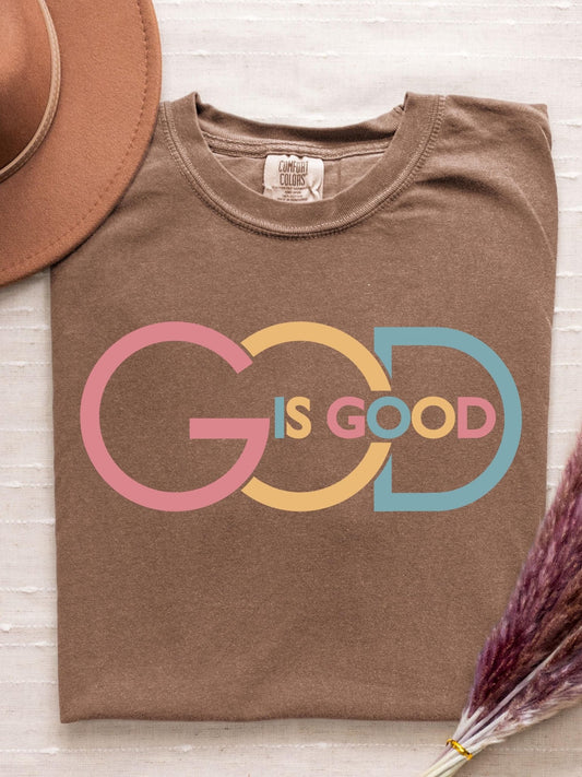 Religious tee for Christian women or men with bright God Is Good text on premium Comfort Colors cotton a faith based gift for her or him