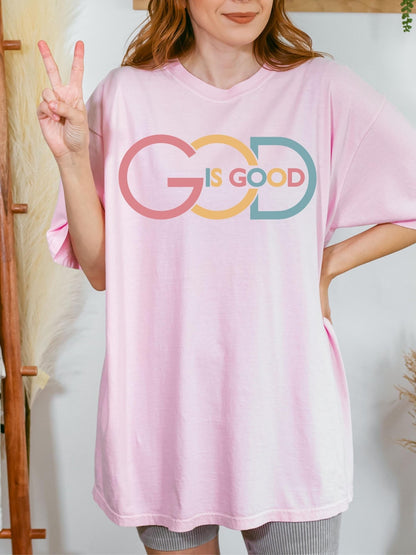 Christian apparel featuring God Is Good slogan on Comfort Colors unisex tee suitable for Mother’s Day Father’s Day or church gatherings