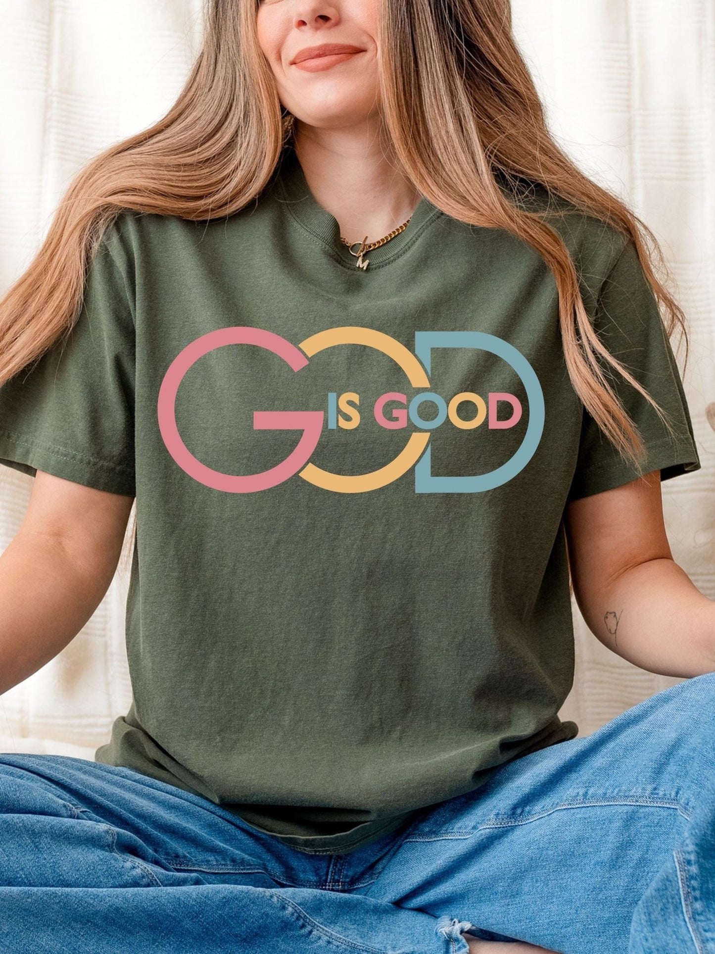 Faith based Comfort Colors tee with inspirational God Is Good message great for Christian birthday gifts or church group apparel