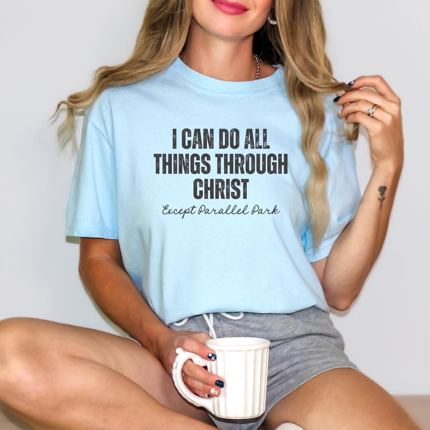 Aesthetic faith-based T-shirt for casual wear, featuring an uplifting Bible verse that makes a meaningful and humorous statement.