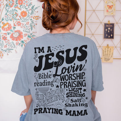 Bold and uplifting Christian shirt with oversized print Jesus Lovin Mama ideal for group worship women’s ministry or daily inspiration