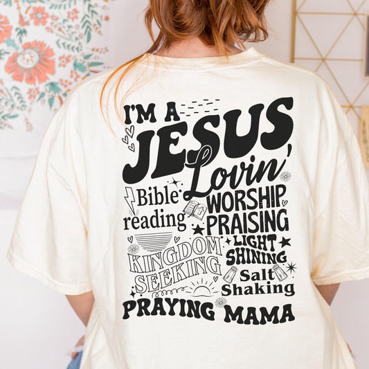 Oversized Comfort Colors Christian shirt for women with Jesus Lovin Mama back print perfect for faith gifts prayer groups and stylish moms in church
