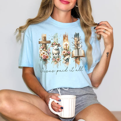 Religious Comfort Colors Tee with a Christian Easter theme, beautifully designed with a cross, lamb, and floral elements for a faith-filled look.
