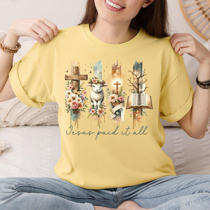 Faith-Based Scripture Top featuring “Jesus Paid It All,” a meaningful Easter shirt ideal for celebrating resurrection Sunday in style.