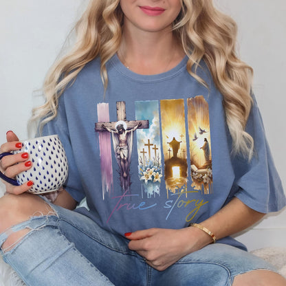 Faith-based Christian tee with a powerful True Story design ideal for celebrating Easter and honoring Jesus’ resurrection