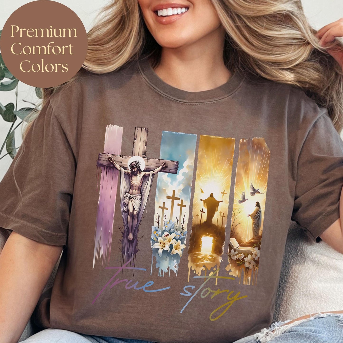 Christian Easter t-shirt featuring Jesus on the cross and his resurrection a meaningful religious gift for her or him
