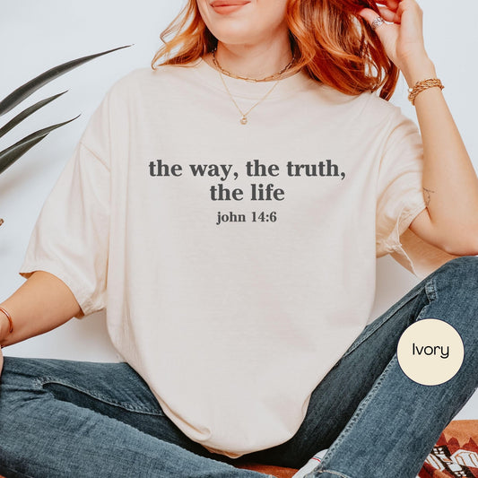 Ivory Christian t-shirt for women featuring The Way The Truth The Life John 14 6 Bible verse in minimalist design perfect for spiritual everyday wear or faith gifting