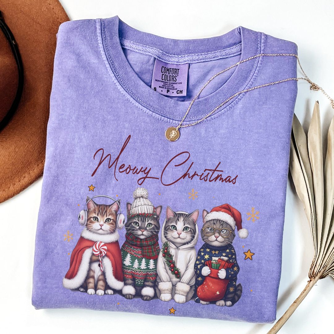 Funny Meowy Christmas Cat Tee Comfort Colors Violet