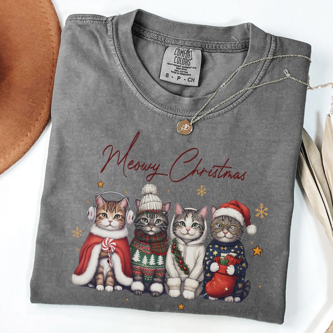 Funny Meowy Christmas Cat Tee Comfort Colors Pepper