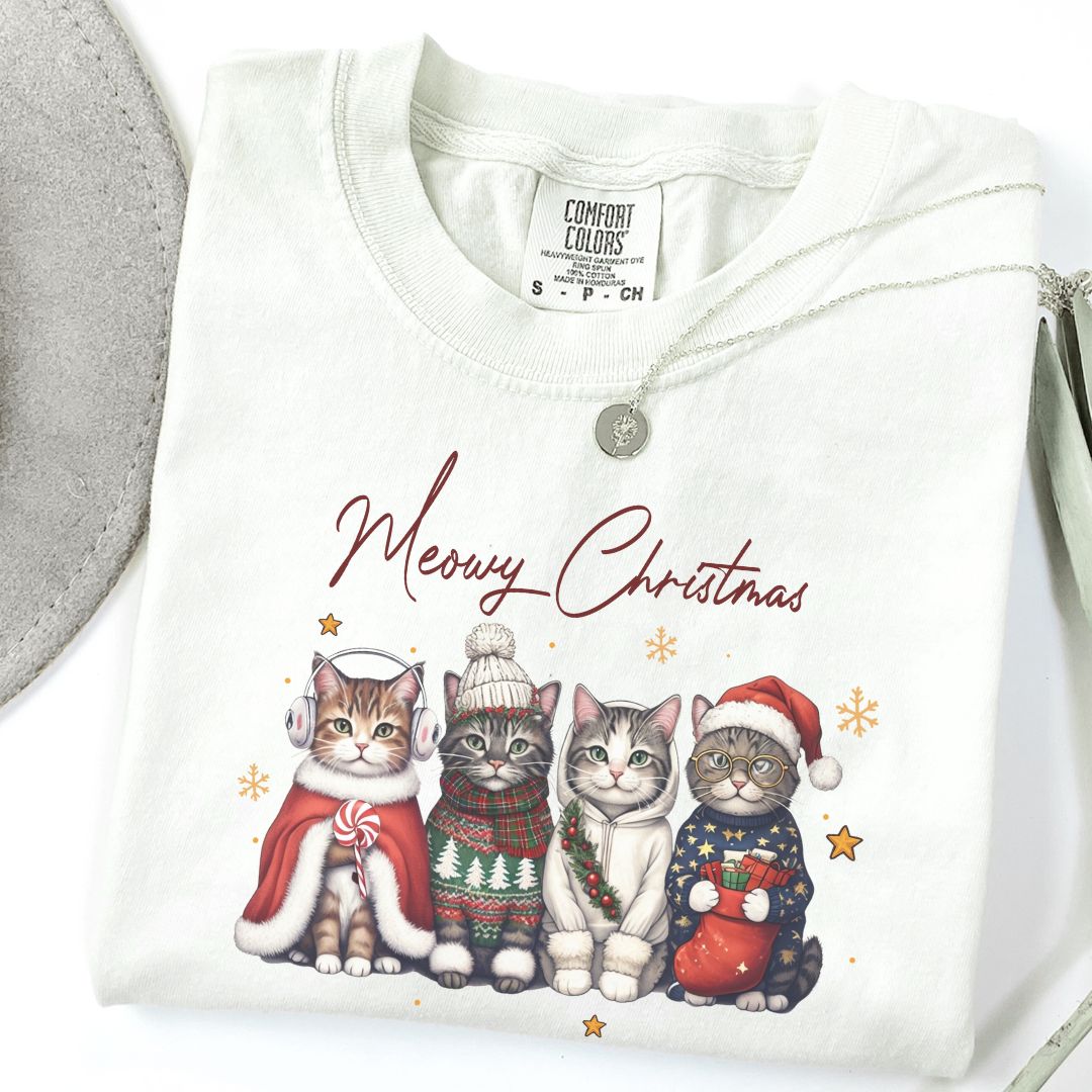 Funny Meowy Christmas Cat Tee Comfort Colors Ivory