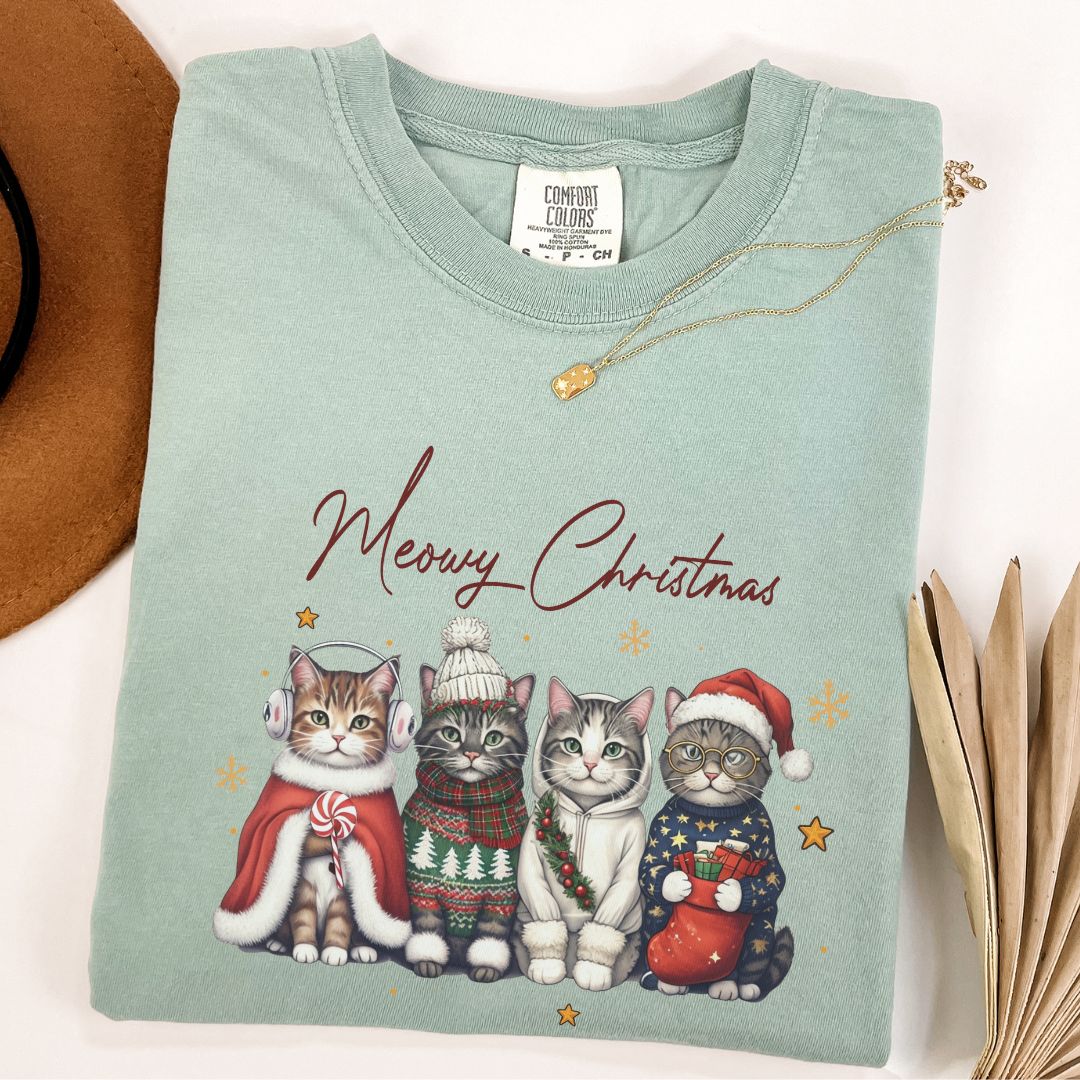 Funny Meowy Christmas Cat Tee Comfort Colors Bay