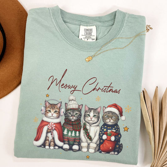 Funny Meowy Christmas Cat Tee Comfort Colors Bay