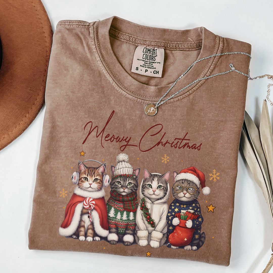 Funny Meowy Christmas Cat Tee Comfort Colors Espresso