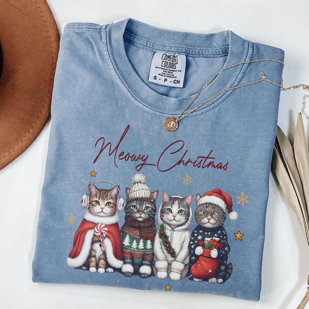 Funny Meowy Christmas Cat Tee Comfort Colors Blue Jean