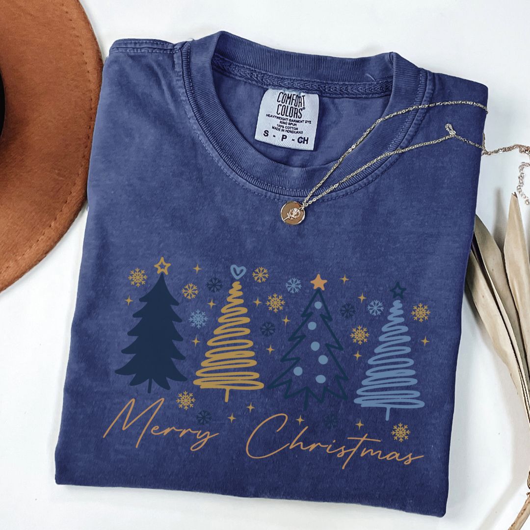 Merry Christmas Trees Comfort Color Tee Navy