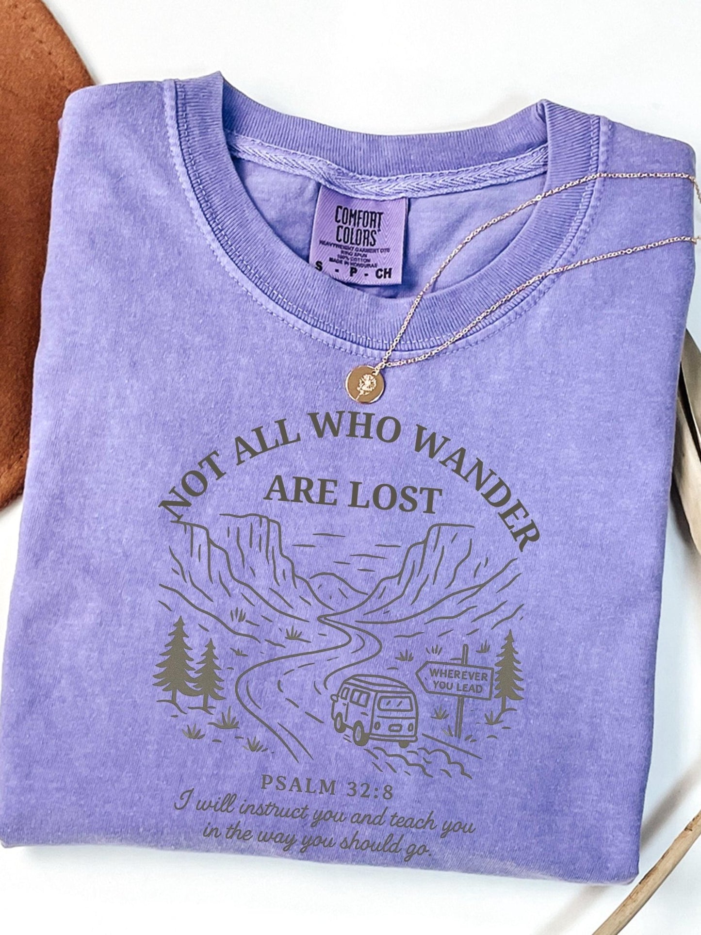 Christian t-shirt for women featuring Psalm 32:8 and mountain scene, makes a meaningful gift for hikers, Bible study friends, or those walking their own path with God.