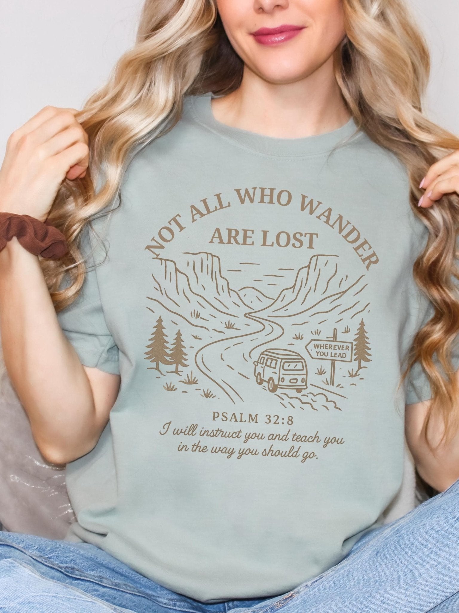 Comfort Colors t-shirt with “Not All Who Wander Are Lost” and Psalm 32:8, perfect for Christian women who love nature, hiking, and outdoor adventures guided by faith.