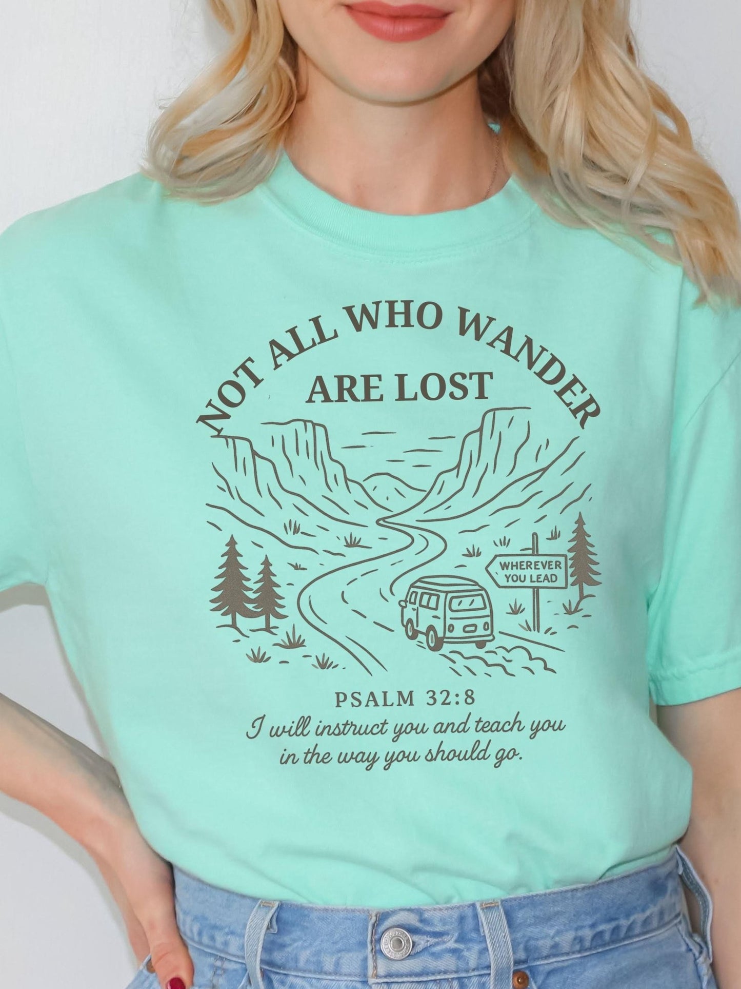 Soft pigment-dyed Christian tee with mountain design and Bible verse from Psalm 32:8, great gift for outdoorsy women, campers, and faith-based travelers.