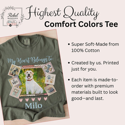 The image is a t-shirt with a printed design of a dog, surrounded by various images and text.