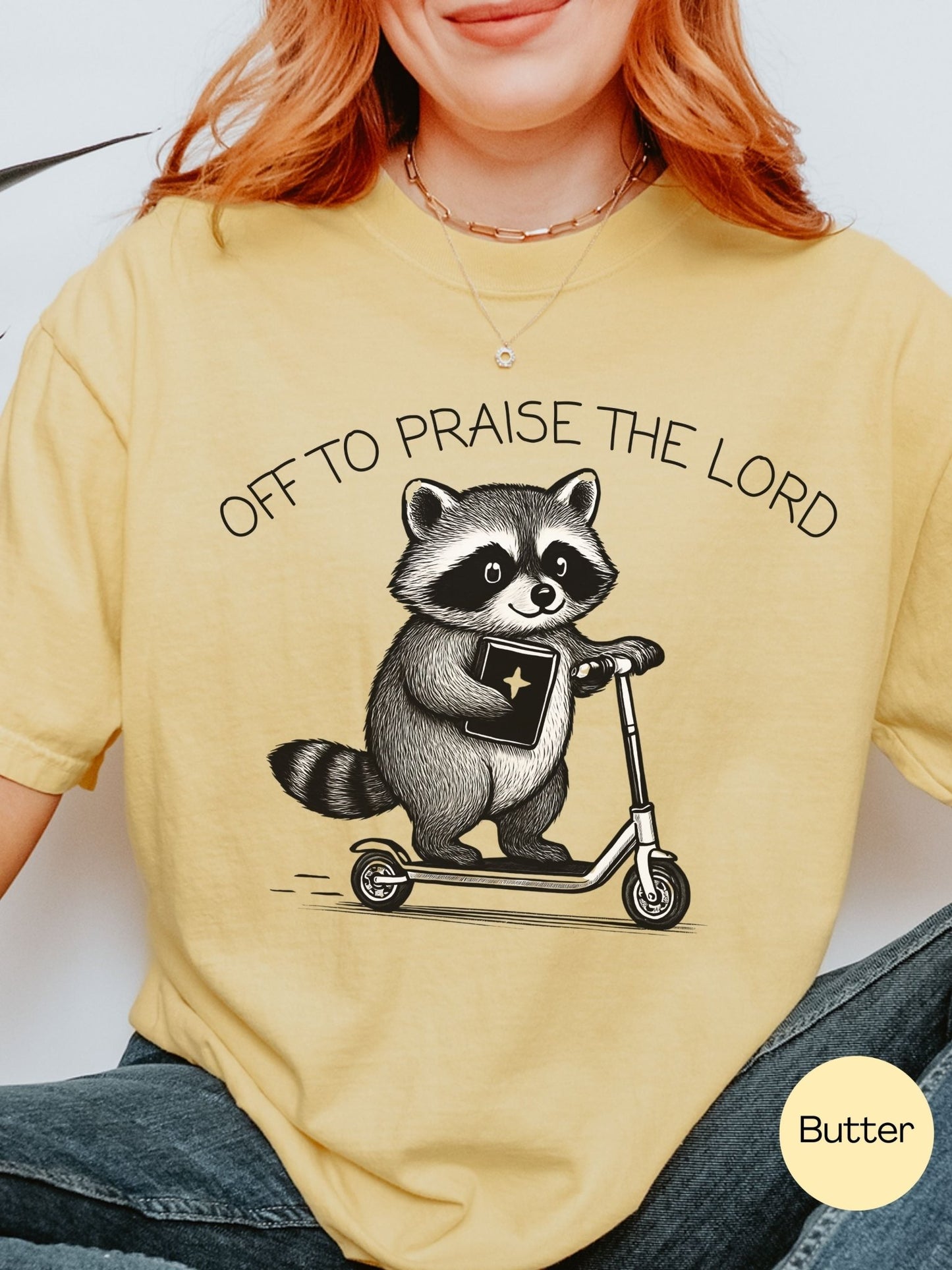 Funny Off To Praise the Lord Comfort Colors Raccoon Tee Mustard