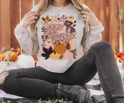 Thanksgiving Gift Sweatshirt - Cozy Give Thanks Fall Sweater | Boho Floral Pumpkin Fleece Top