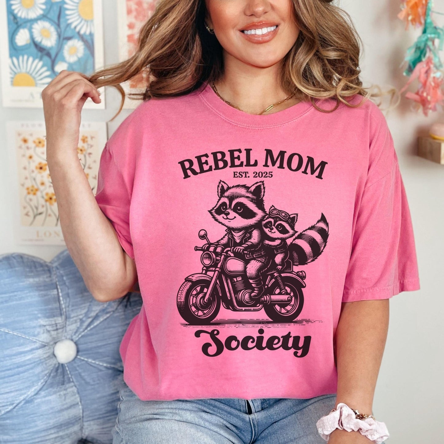 Trendy Comfort Colors graphic tee for cool moms featuring a retro-style Rebel Mom Society design, making it a unique Mother’s Day gift or casual everyday outfit