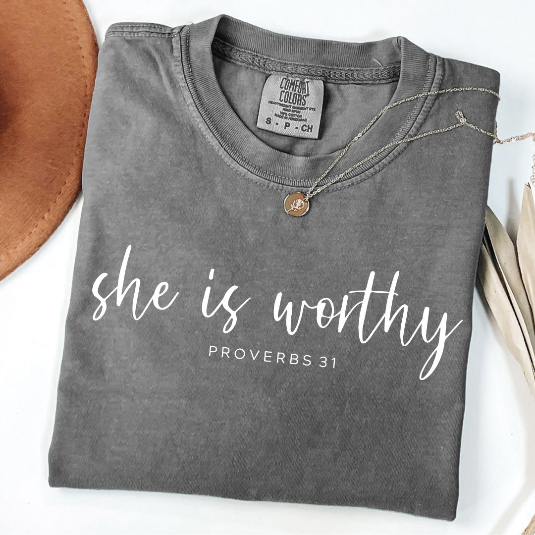 She Is Worthy Proverbs 31 Comfort Colors Tee Pepper