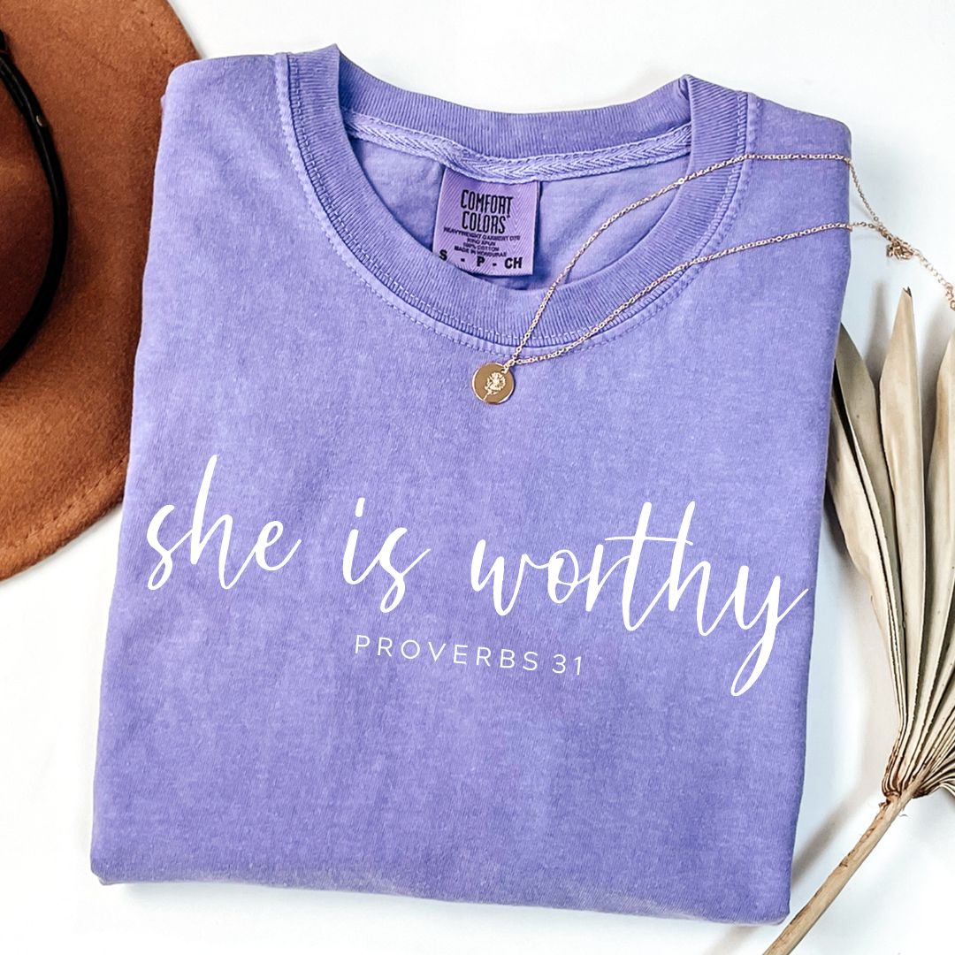 She Is Worthy Proverbs 31 Comfort Colors Tee Violet