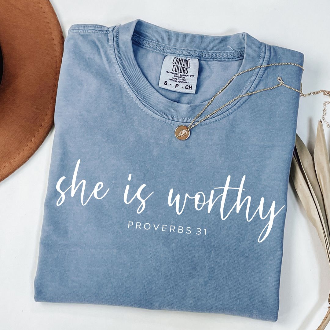 She Is Worthy Proverbs 31 Comfort Colors Tee Blue Jean