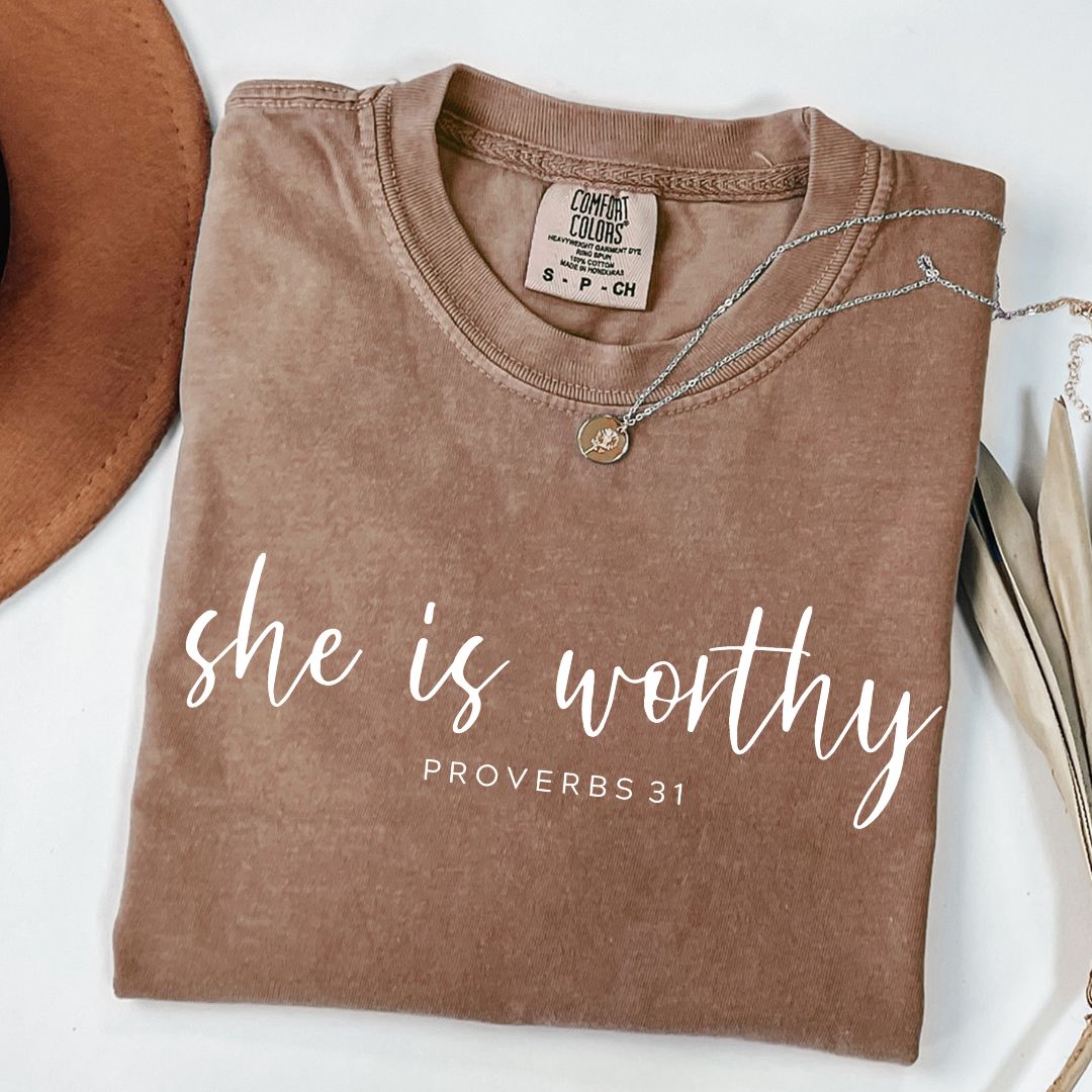 She Is Worthy Proverbs 31 Comfort Colors Tee Espresso