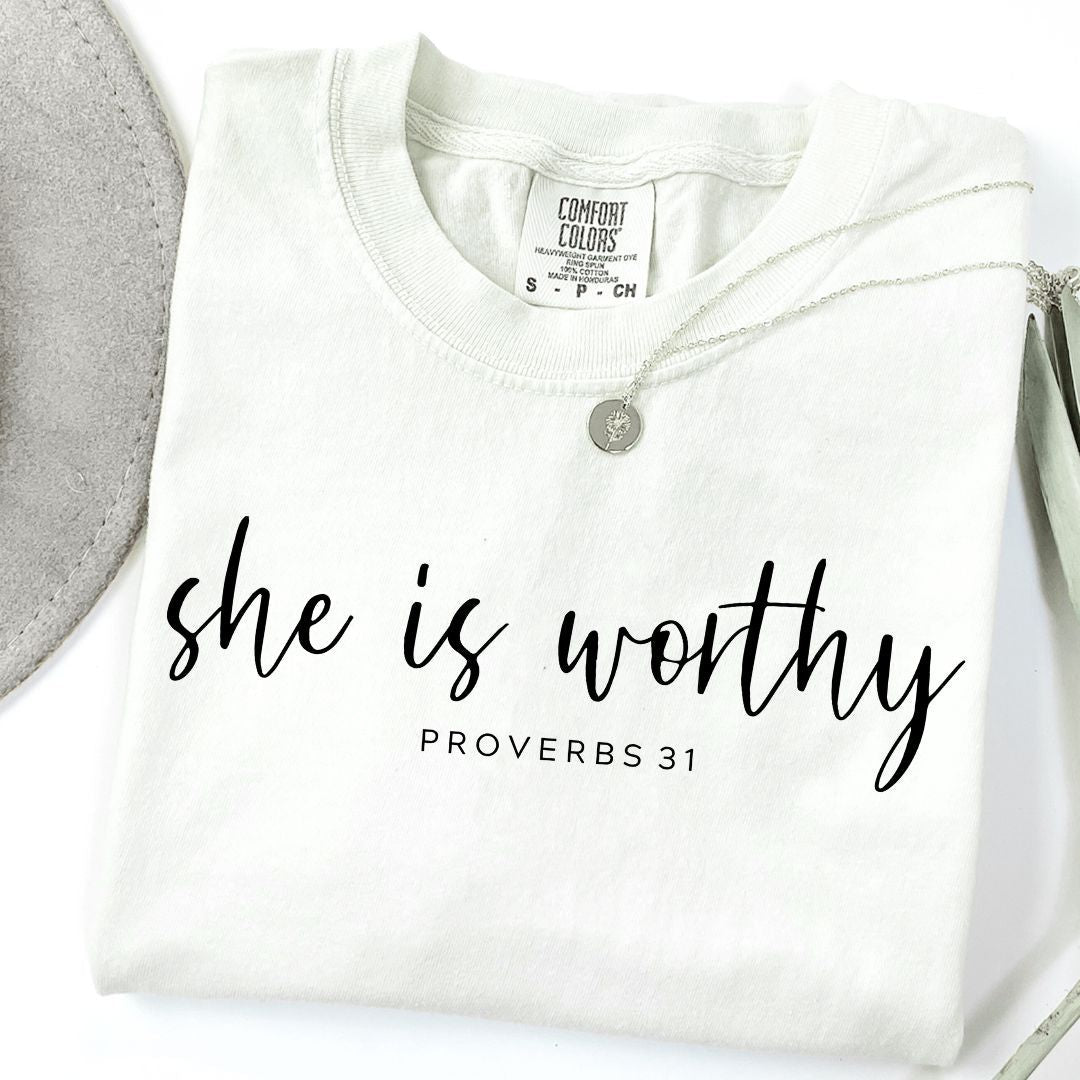 She Is Worthy Proverbs 31 Comfort Colors Tee Ivory
