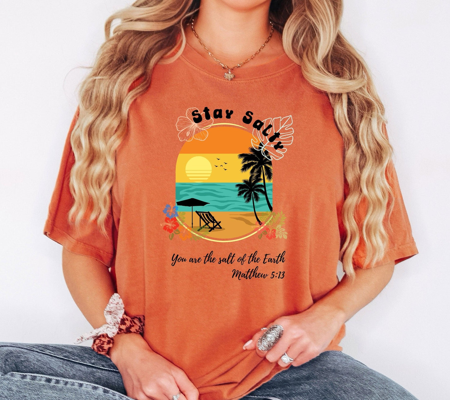Matthew 5:13 Stay Salty Christian tee designed for summer vacations or beach days. This Bible verse t-shirt is an inspirational and stylish way to celebrate faith while enjoying your sunny adventures.