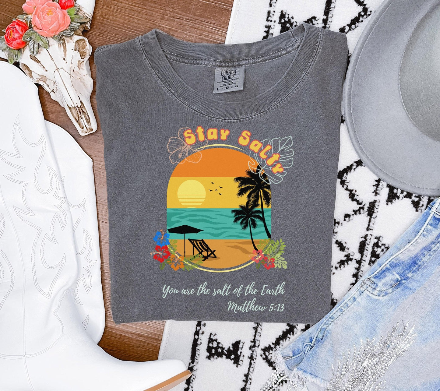 Comfort Colors Stay Salty Christian TShirt Beach Graphic Tee Tropical Vacation Top Bible Verse Jesus Shirt Inspirational Summer Matthew 5 13