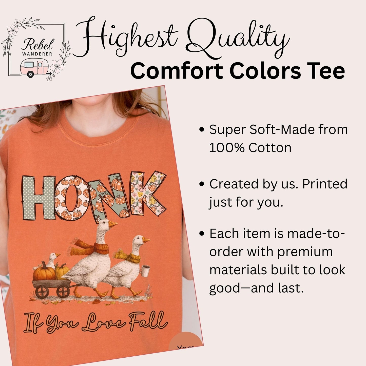 The image is a collage of various images, including a close-up of a person wearing an orange t-shirt with a graphic design, and text describing the quality and features of the t-shirt.