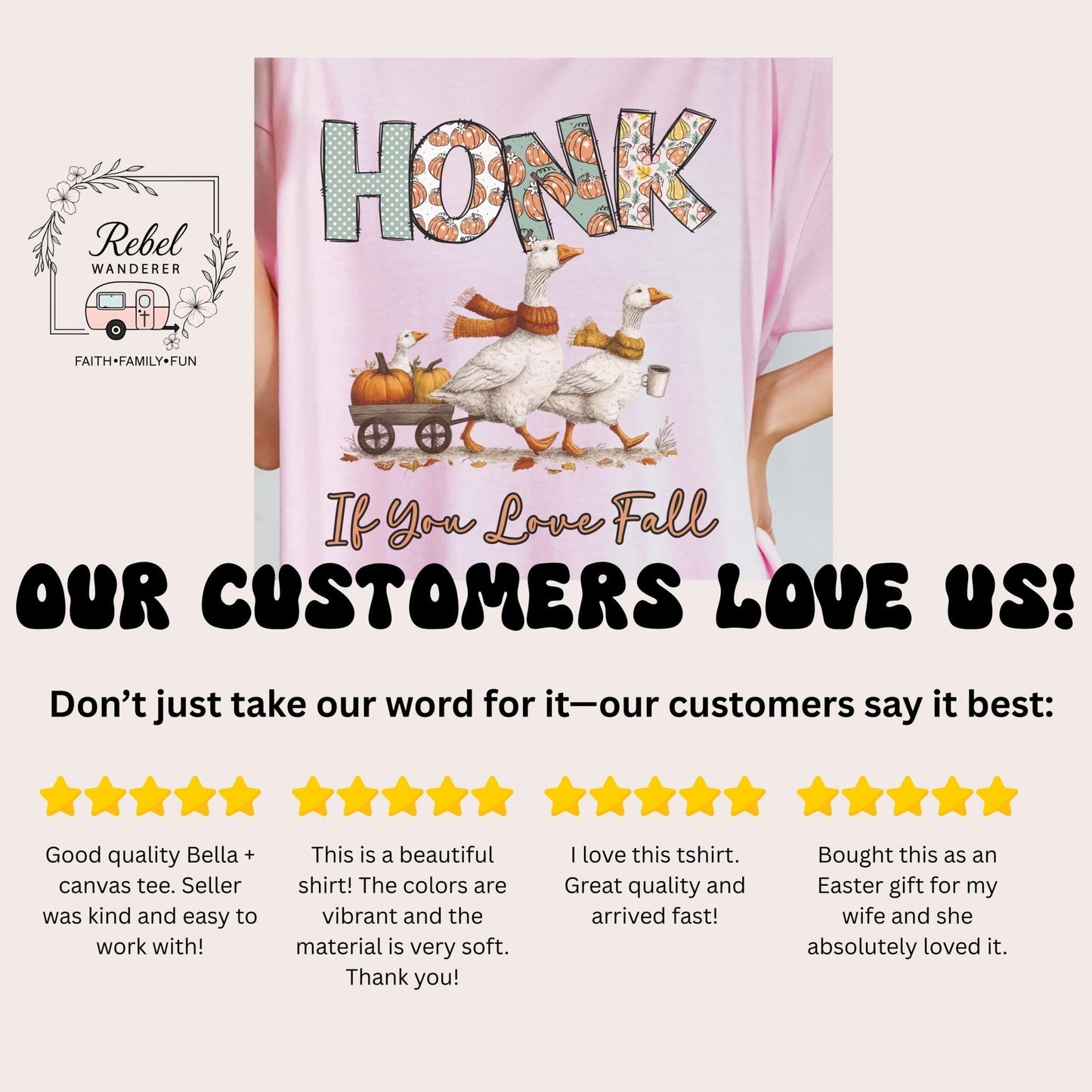 The image is a collage of four customer reviews for a pink t-shirt featuring a cartoon image of a goose and a pumpkin carriage. The reviews express their appreciation for the quality, vibrant colors, and ease of wear of the shirt.