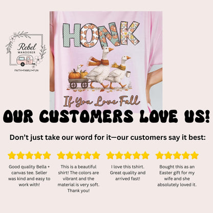 The image is a collage of four customer reviews for a pink t-shirt featuring a cartoon image of a goose and a pumpkin carriage. The reviews express their appreciation for the quality, vibrant colors, and ease of wear of the shirt.