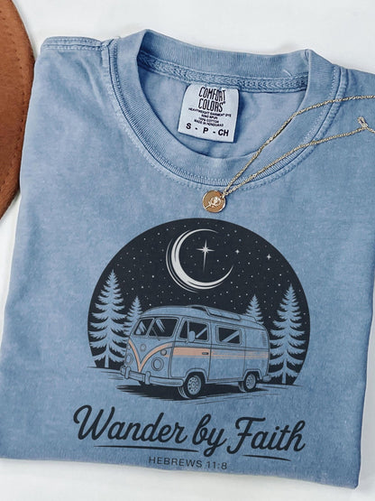 Hebrews 11:8 Comfort Colors shirt with forest and moon illustration, meaningful Christian gift for him or her, great for retreats, birthdays, or everyday spiritual wear.
