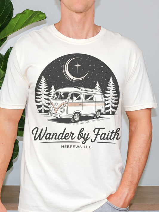 Christian t-shirt with Wander by Faith message, designed for believers who love road trips, mountains, and Scripture-inspired comfort in their daily wardrobe.