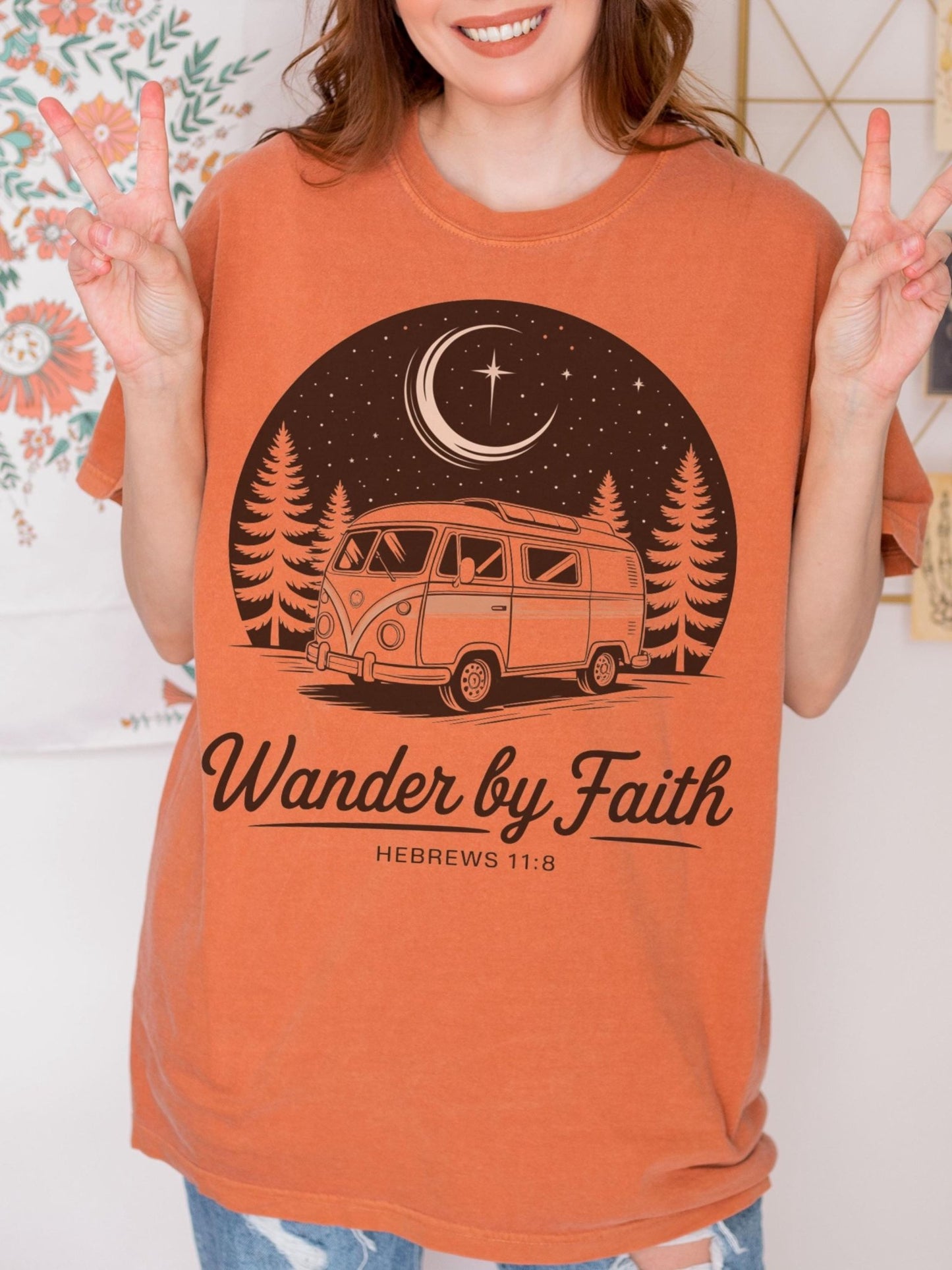 Bible verse camper tee featuring Hebrews 11:8 and night sky art, a faith-filled Comfort Colors shirt for outdoor-loving Christians, perfect for gifting or church events.