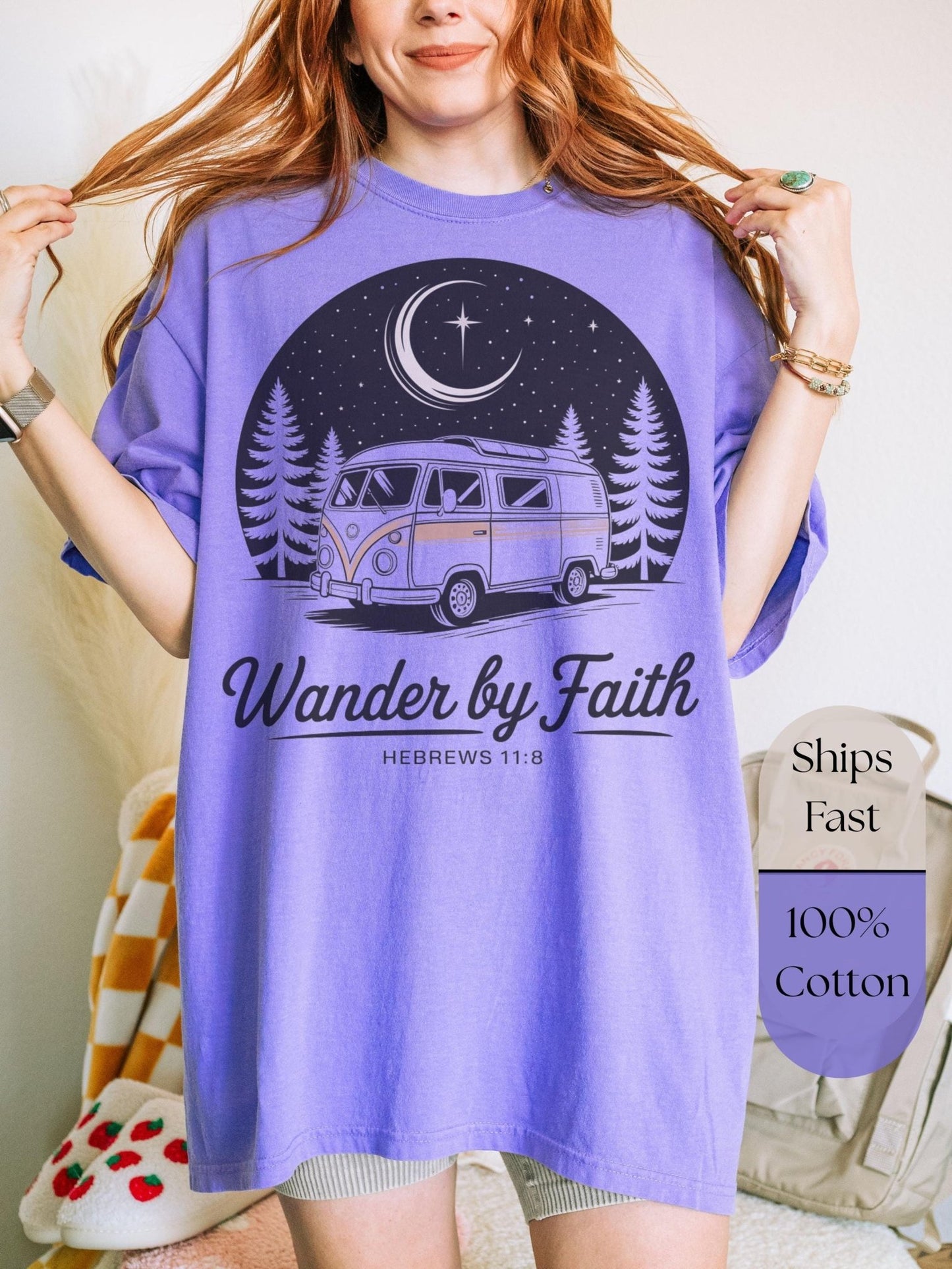 Unisex Christian graphic tee with faith quote “Wander by Faith” and retro camper van, ideal for hikers, travelers, and Bible verse lovers seeking faith-inspired apparel.