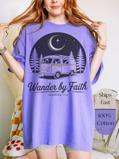 Unisex Christian graphic tee with faith quote “Wander by Faith” and retro camper van, ideal for hikers, travelers, and Bible verse lovers seeking faith-inspired apparel.