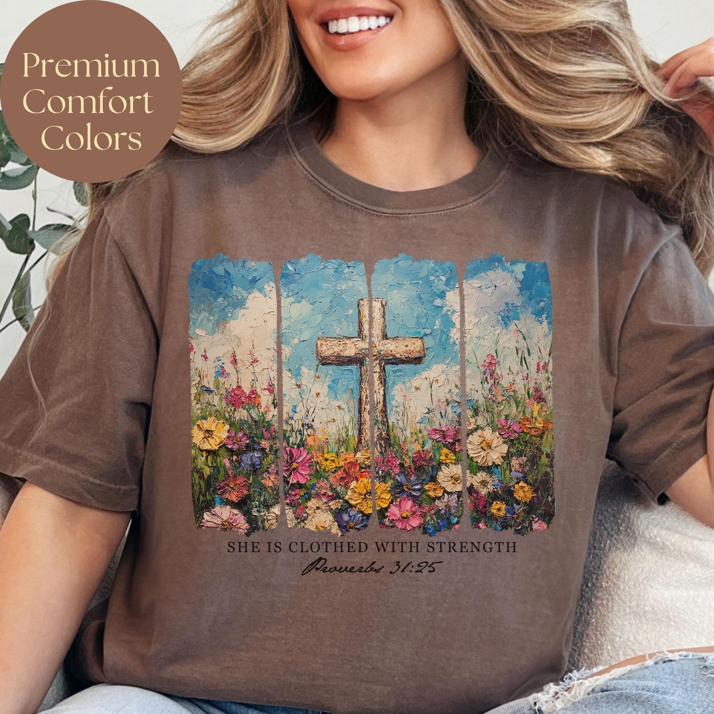 Scripture-based floral cross t-shirt designed for women of faith seeking a stylish and spiritual expression of their beliefs