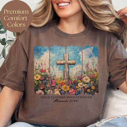 Scripture-based floral cross t-shirt designed for women of faith seeking a stylish and spiritual expression of their beliefs